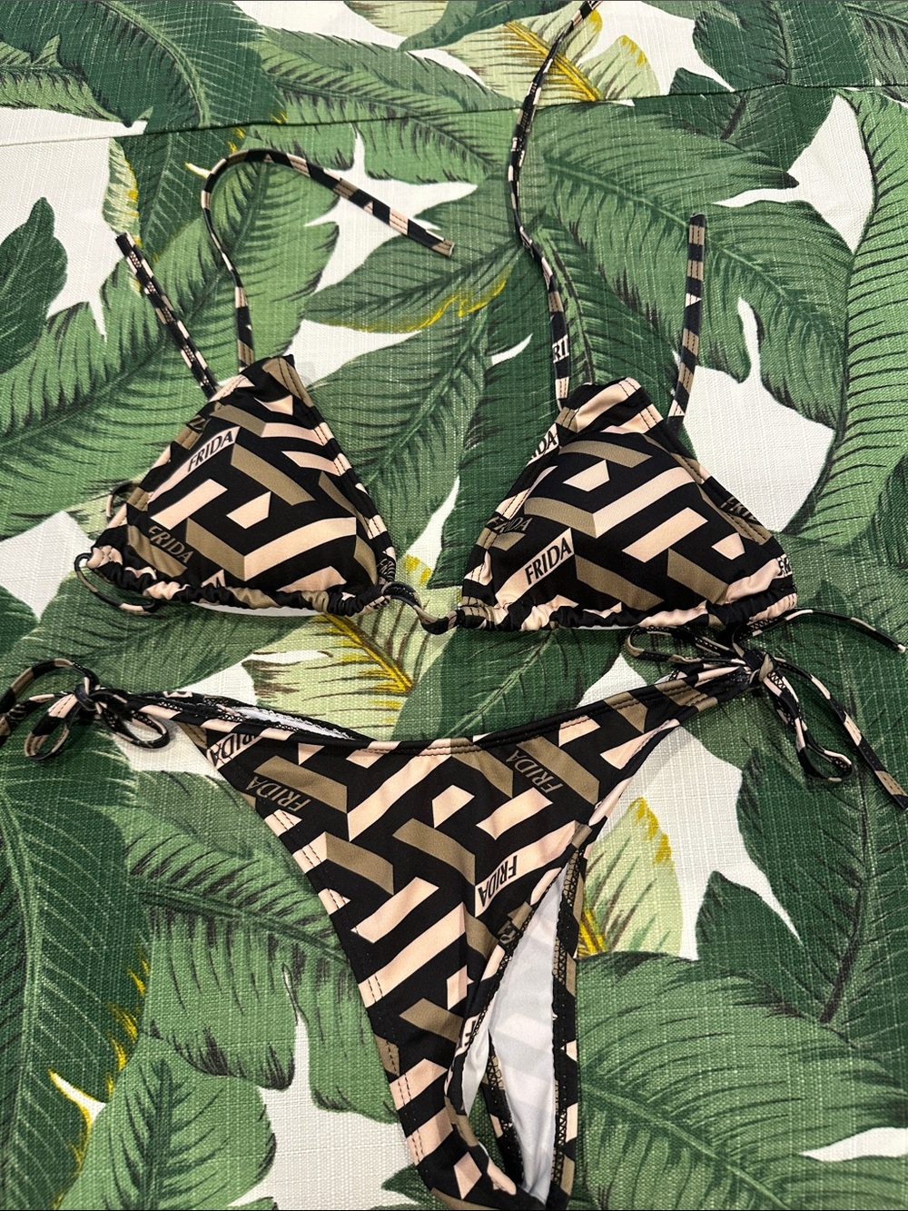 Black & Beige Geo Print String Bikini